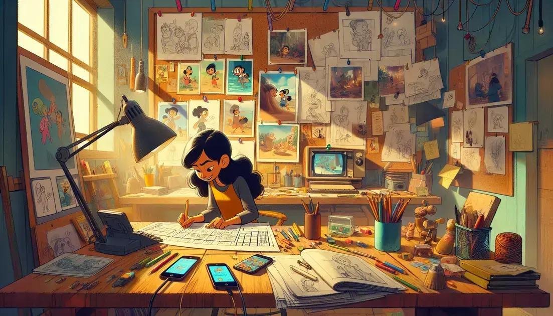 Estúdio de desenhos animados com papel e celulares velhos